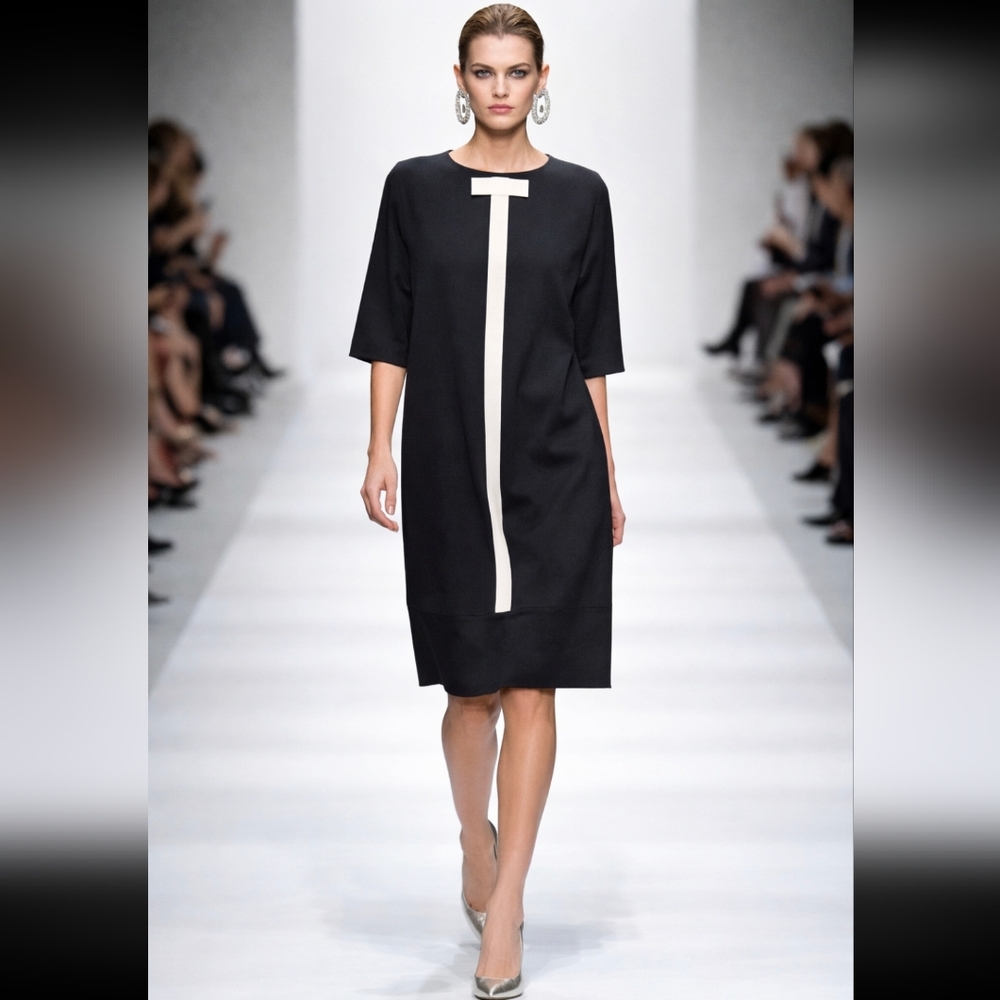 Paquito Made in Italy Shift Dress Elegant Black with White Ribbon Bow Size Large